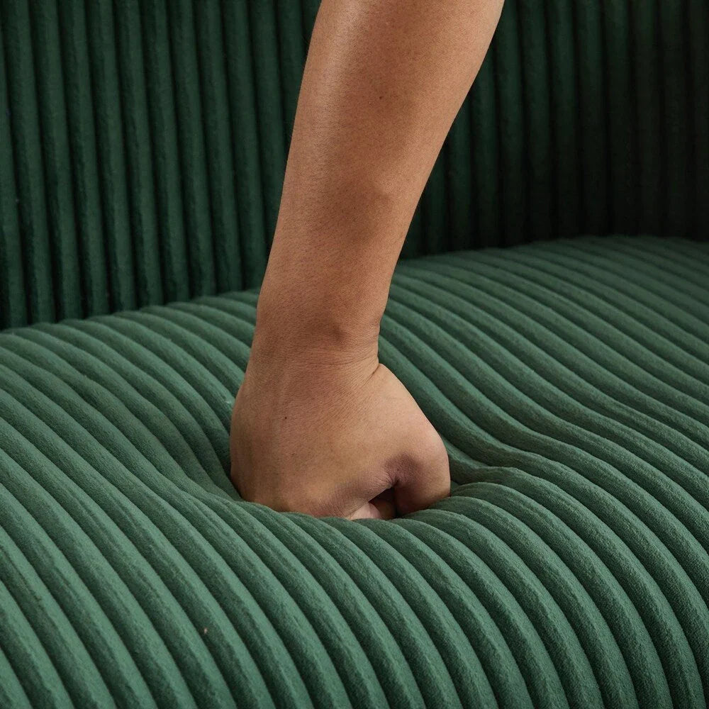 Dwuosobowa sofa tapicerowana sztruksem na drewnianych nogach w kolorze orzecha
