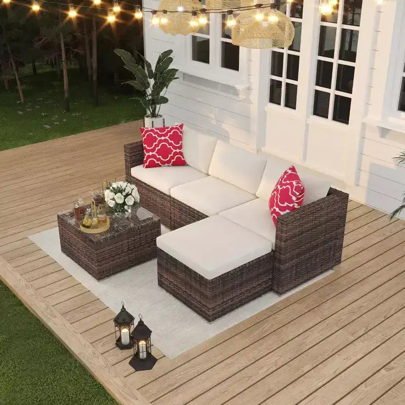 5-częściowy zestaw mebli ogrodowych, modułowa sofa z technorattanu odporna na warunki atmosferyczne z poduszkami antypoślizgowymi, rattanowy zestaw mebli ogrodowych z sofą i otomantą