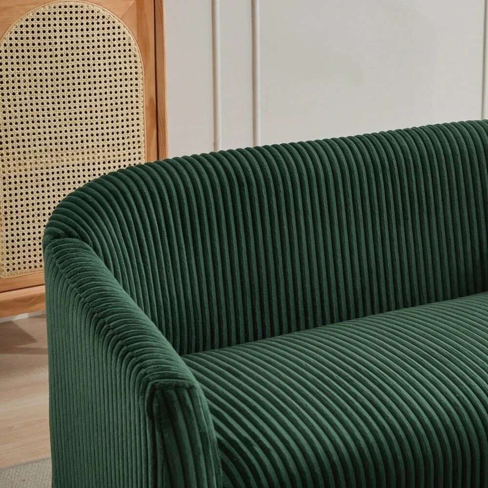 Dwuosobowa sofa tapicerowana sztruksem na drewnianych nogach w kolorze orzecha
