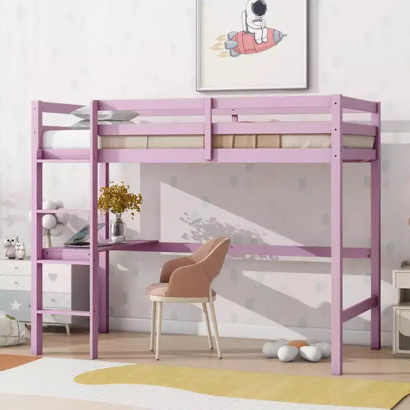 Łóżko na antresoli Okak Minimalism z drabinką, pojedyncze łóżko na antresoli z drewna kauczukowego z barierką ochronną i wbudowanym biurkiem, ramy łóżek dla dzieci i młodzieży