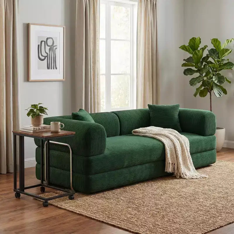 FurnitureR Rozkładana sofa z zestawem stolika bocznego na kółkach, Nowoczesna sofa sztruksowa z ruchomym stolikiem na przekąski do salonu, mieszkania, małej przestrzeni