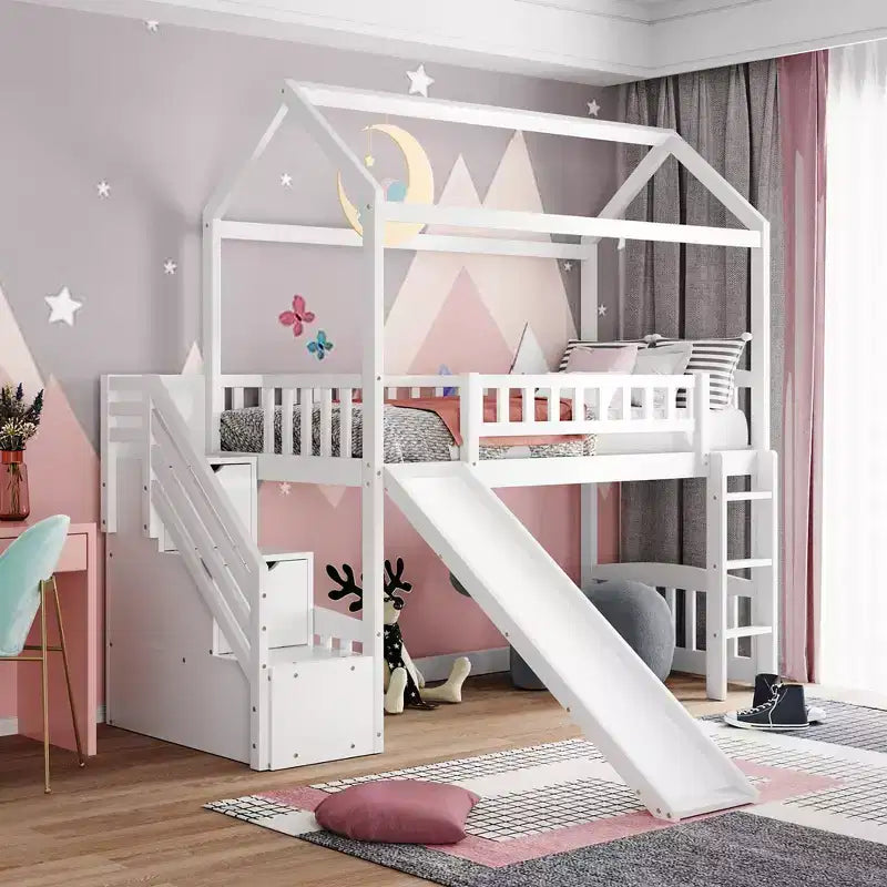 Łóżko piętrowe typu loft dla dzieci ze zjeżdżalnią i schodami, łóżko z szufladami do przechowywania, drewniane łóżko typu domek dla maluchów