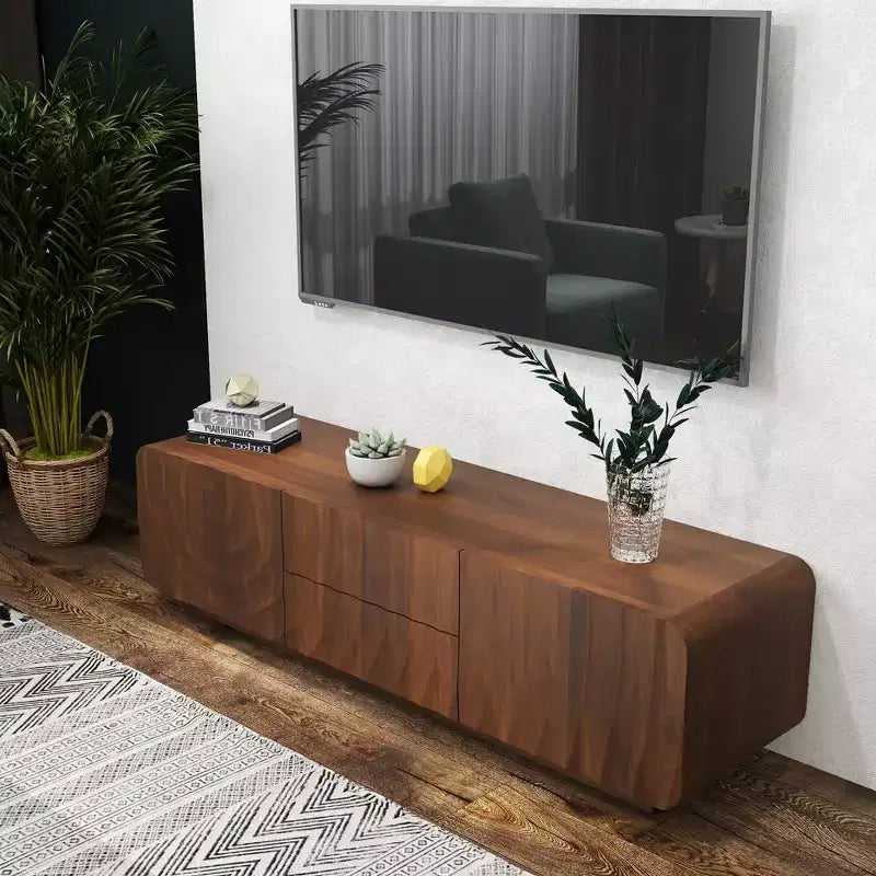 JVNOXK 58-calowa szafka RTV, spiralno-falisty design w stylu mid-century, z szafką z półką i dwiema szufladami, odpowiednia do salonu lub sypialni, kolor orzechowy