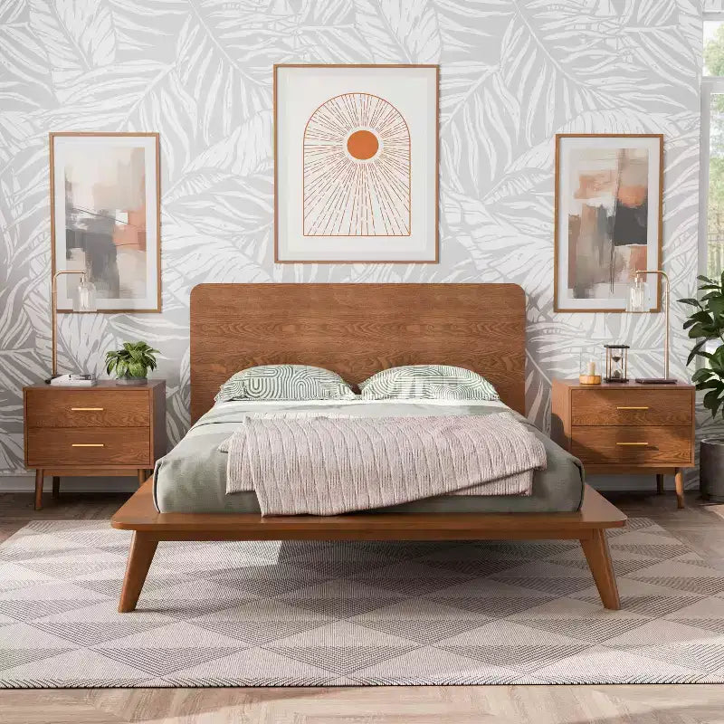 HOMES: Zestaw sypialniany Riverstone Mid-Century z platformą, 3 elementy, z 2 szafkami nocnymi, Orzech