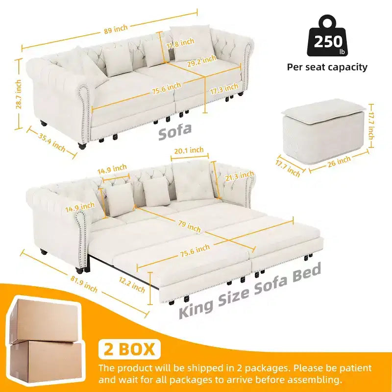 Rozkładana sofa 3 w 1 Whisen Velvet typu king-size z ruchomym podnóżkiem i pikowanym wzorem