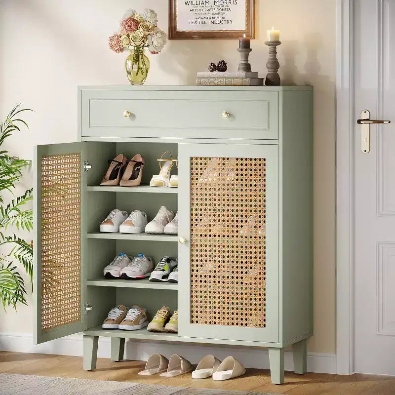 Lantine 6-poziomowa nowoczesna szafka na buty w stylu boho z drzwiczkami, szufladą i regulowanym półką. Rattanowy design, miętowa zieleń. Idealna do przedpokoju, salonu.