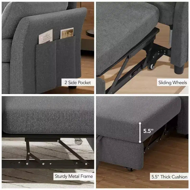 Dyonery 51 – rozkładana sofa 3 w 1, dwuosobowa sofa rozkładana z wysuwanym łóżkiem, regulowanym oparciem, lniana sofa