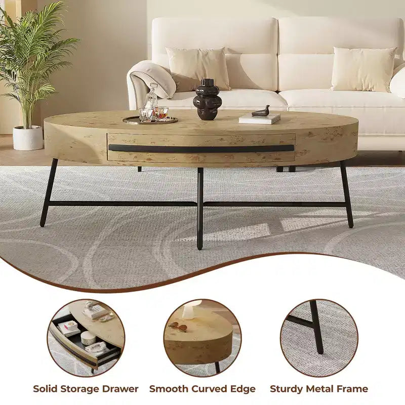 Owalny stolik kawowy z szufladą w stylu mid-century modern, drewniany stolik kawowy 47,2 z miejscem do przechowywania i metalowymi nogami w kształcie litery X, zaokrąglony design