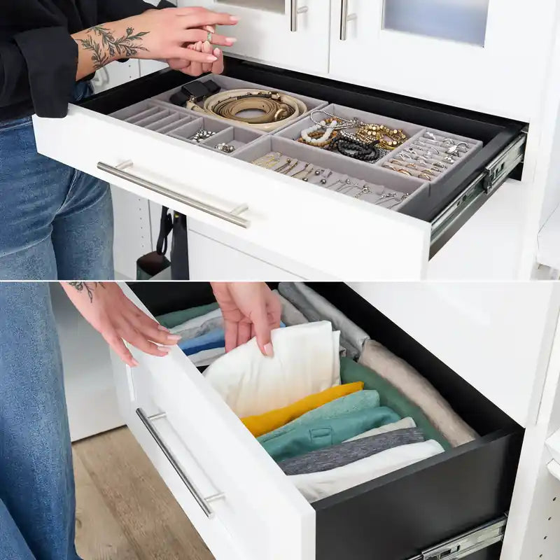 107 Modułowy system garderoby z drążkami, półkami i szufladami w stylu Shaker
