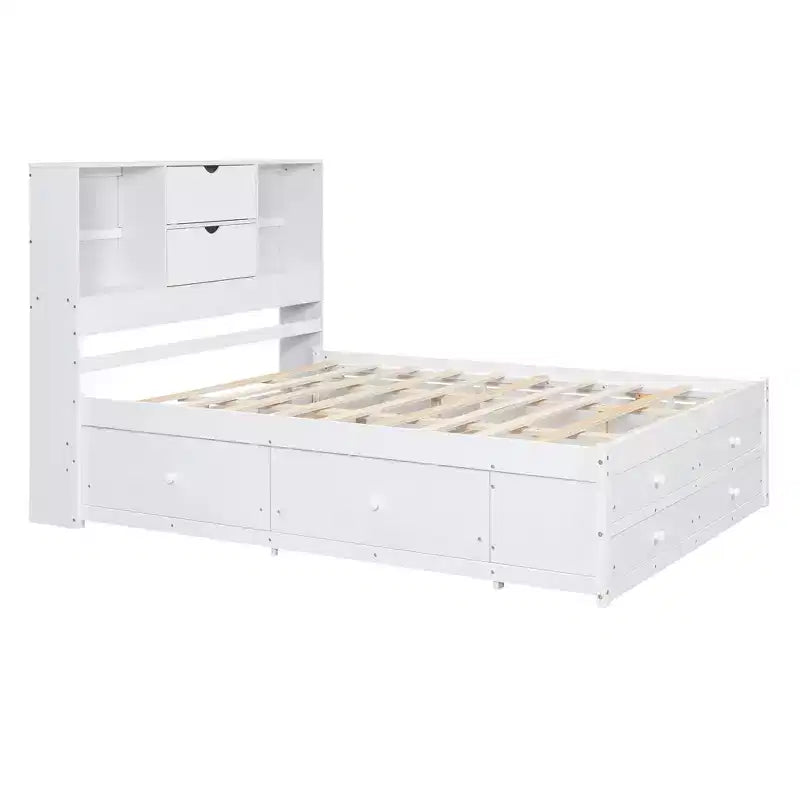 Łóżko platformowe Queen/King Size, rama z drewna sosnowego z zagłówkiem ze schowkiem i 8 szufladami