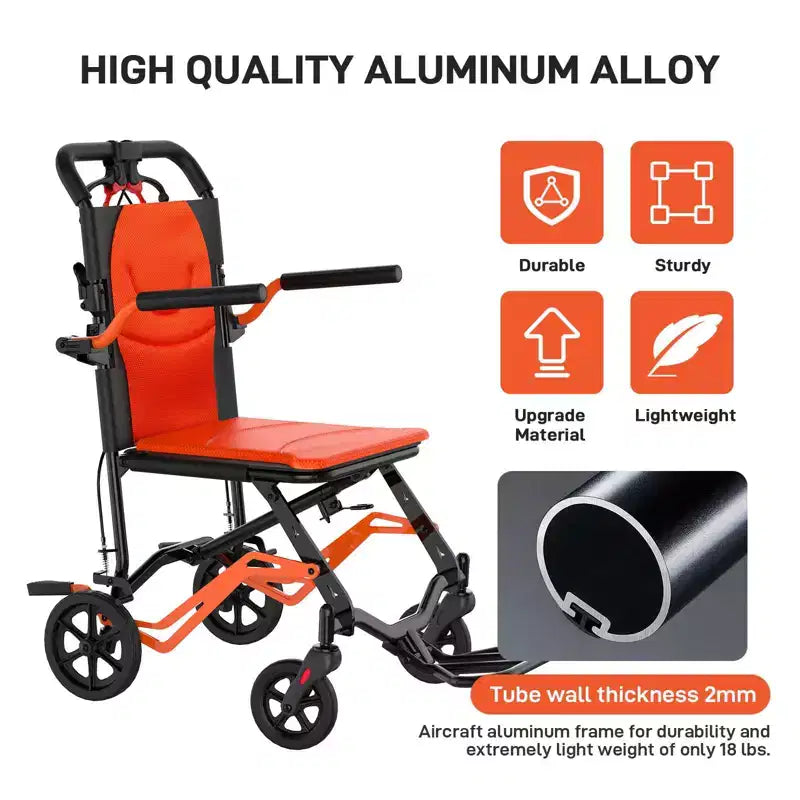 Ultralekki składany wózek transportowy, udźwig 100 kg, aluminiowa rama 8 kg, siedzisko 41 cm, zdejmowane podłokietniki i podnóżki, hamulec ręczny z blokadą