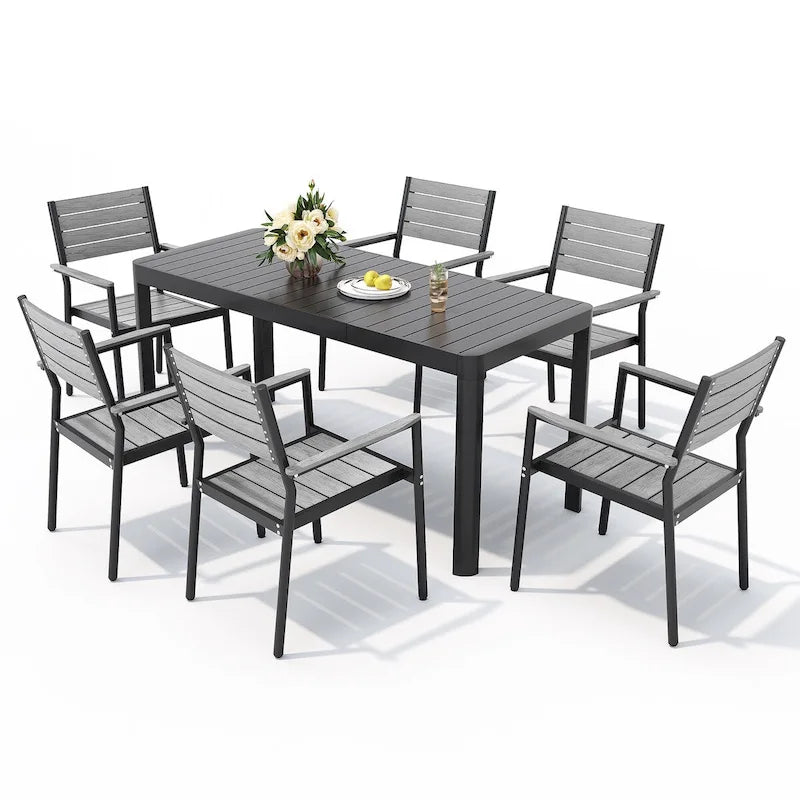 5/7-częściowy aluminiowy zestaw obiadowy na patio: krzesła sztaplowane i stół rozkładany