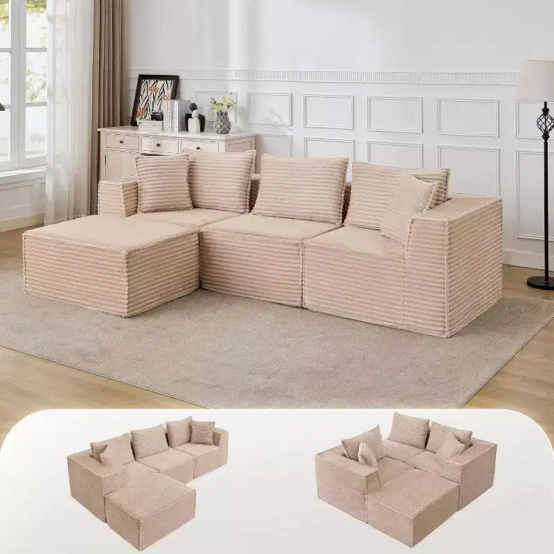 Modułowa narożna sofa chmurowa z otomana, sofa sztruksowa bez montażu, głęboka sofa w kształcie litery L do małych przestrzeni, 4 kolory i konfiguracje