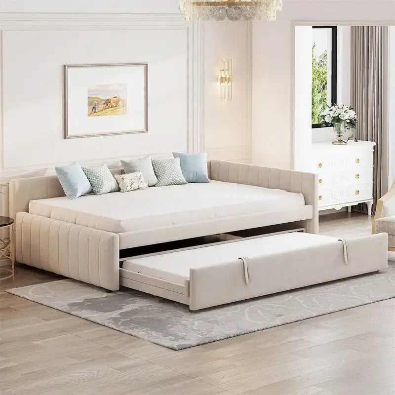 Tapicerowana sofa wypoczynkowa z wysuwanym łóżkiem wysuwającym się z poziomu podłogi o rozmiarze pojedynczego łóżka, rama sofy wypoczynkowej o rozmiarze podwójnego łóżka z oparciem w kształcie litery L i pasiastym wzorem