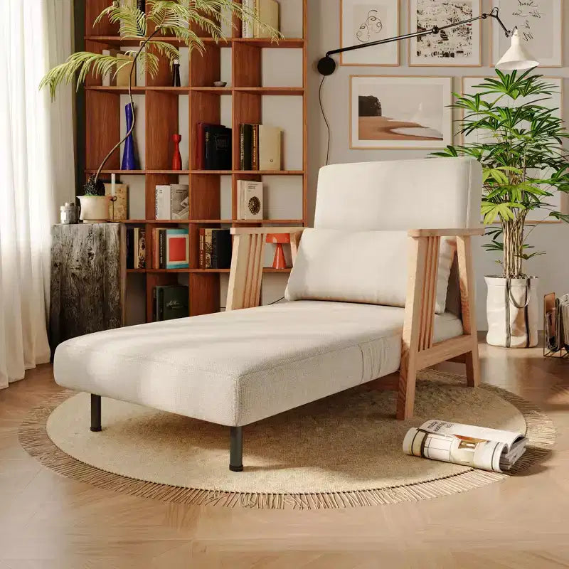 ATJafurn – rozkładany fotel wypoczynkowy i fotelek futon z tapicerowaniem materiałowym, szkielet z litego drewna, rozkładana leżanka do sypialni i salonu, beżowy