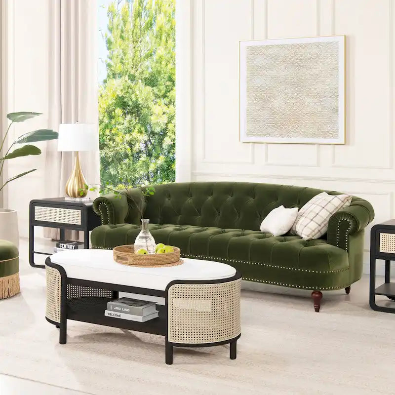 Sofa Chesterfield La Rosa 84 w stylu Mid-Century Modern, tapicerowana aksamitem i przeszywana głęboko