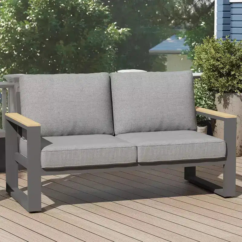 Dwuosobowa sofa ogrodowa Heynemo z aluminium, metalowa sofa tarasowa odporna na warunki atmosferyczne, fotel tarasowy na ganek, do ogrodu i podwórza