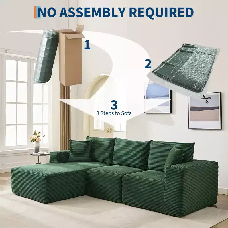 108 Nowoczesna sofa, 3-osobowa sofa tapicerowana w kształcie litery L z poduszkami, sofa z głębokim siedziskiem, bez konieczności montażu