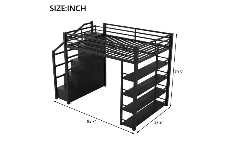 Metalowe łóżko piętrowe queen size z półkami do przechowywania, szafkami i szafą garderobową