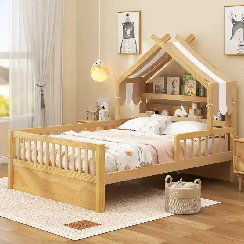 Łóżko domek ModernLuxe dla dzieci, rozmiar Twin/Full, drewniane, z zagłówkiem z miejscem do przechowywania, rama z litego drewna sosnowego z barierkami ochronnymi