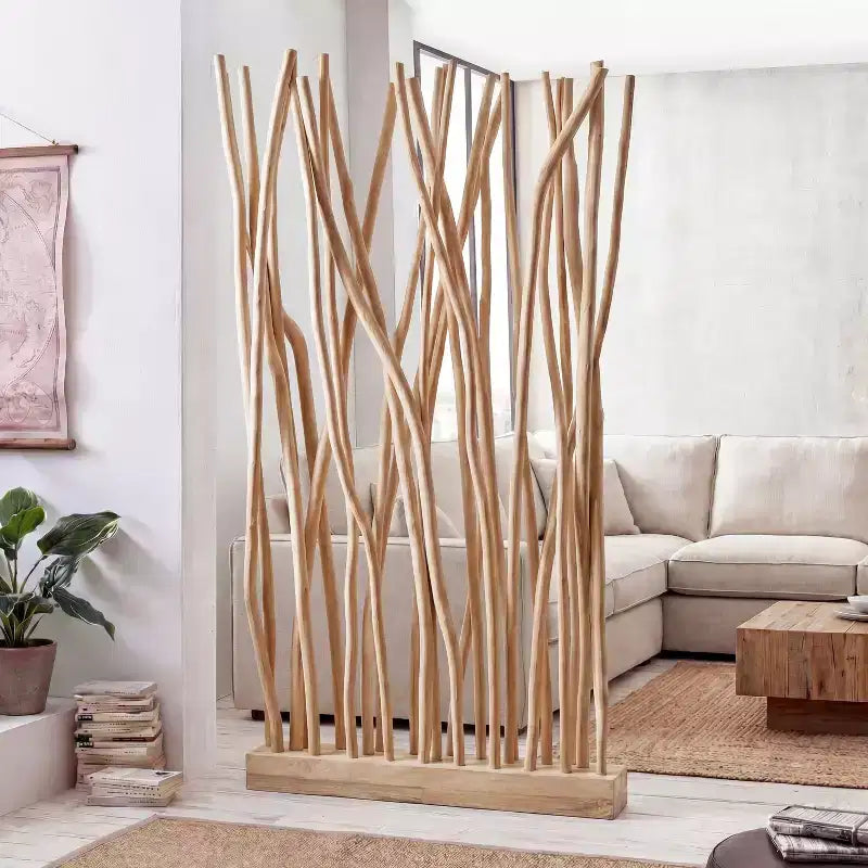 JONATHAN Y Tranquil 39 szer. x 68 wys. Ręcznie wykonana ścianka działowa z gałęzi drewna tekowego w stylu coastal bohemian, pojedynczy panel
