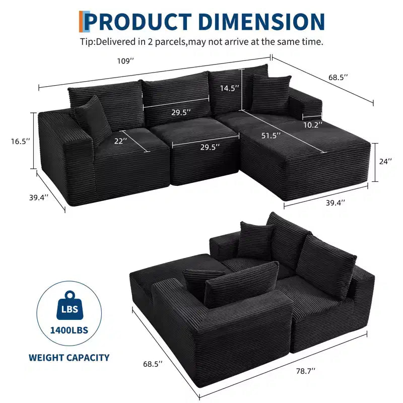 108 Nowoczesna sofa, 3-osobowa sofa tapicerowana w kształcie litery L z poduszkami, sofa z głębokim siedziskiem, bez konieczności montażu