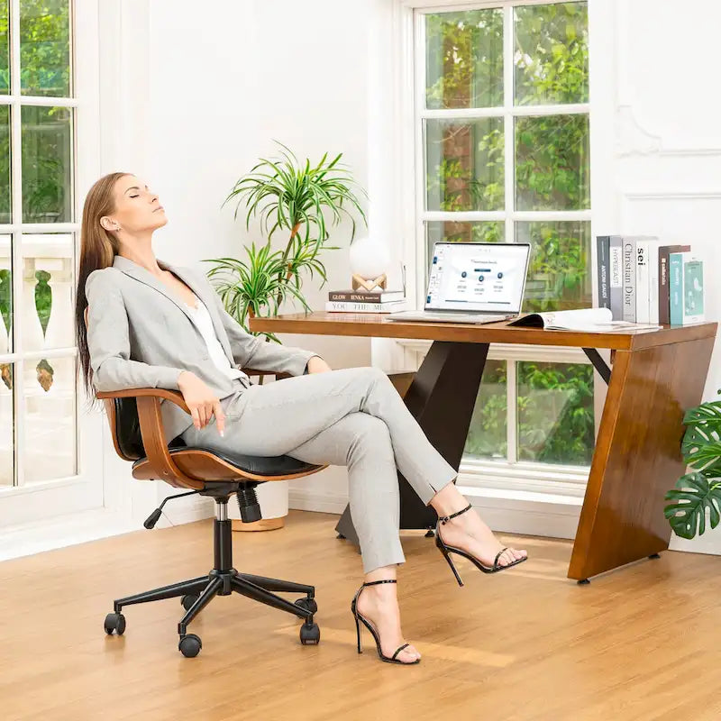 Glitzhome Skórzane Krzesło Biurowe Regulowane Obrotowe z Podłokietnikami Ergonomiczny Design
