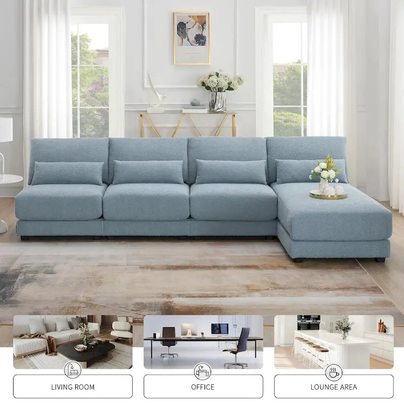 Duża narożna sofa z głębokim siedziskiem i odwracalną narożną sekcją, rozkładana sofa w kształcie litery L, niebieska