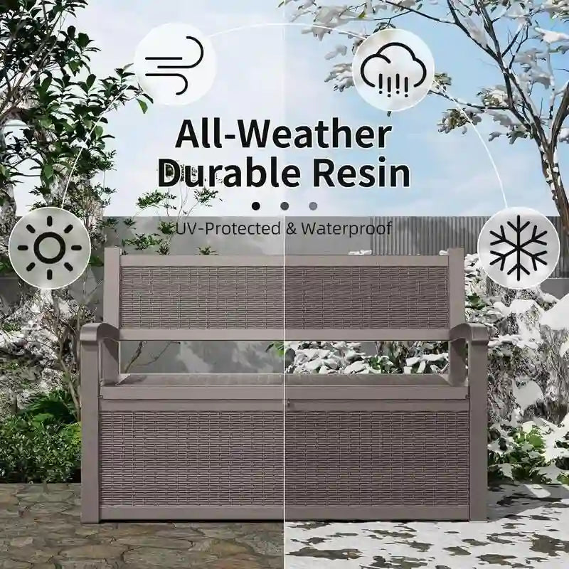 Ławka ogrodowa z żywicy odporna na warunki atmosferyczne z zamykanym schowkiem – design imitujący rattan, udźwig 227 kg, pojemność 265 litrów