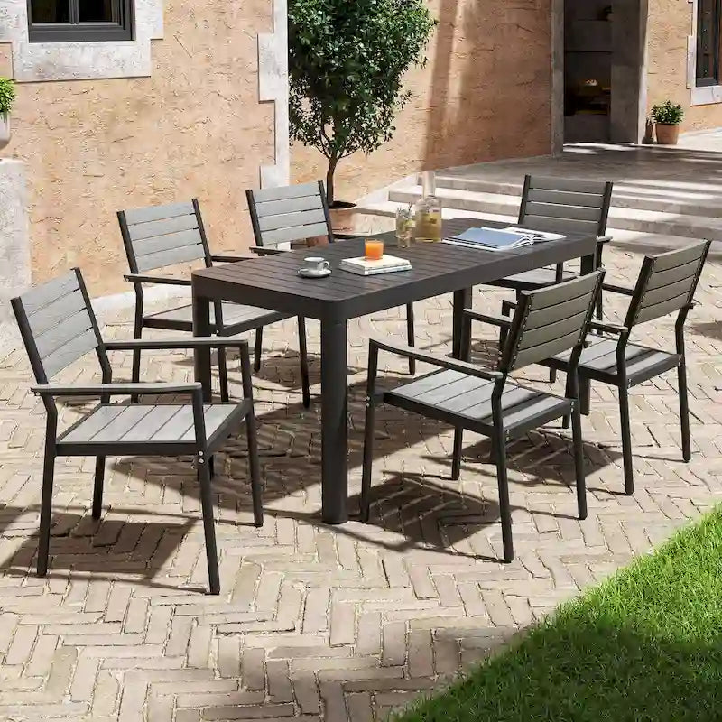 5/7-częściowy aluminiowy zestaw obiadowy na patio: krzesła sztaplowane i stół rozkładany