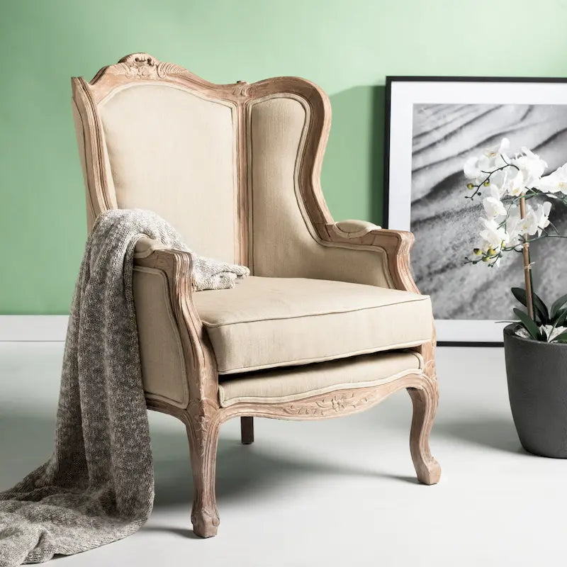 Fotel skrzydlany SAFAVIEH Couture Kali z naturalnego lnu w kolorze dębu – 34 szer. x 34 gł. x 40 wys.