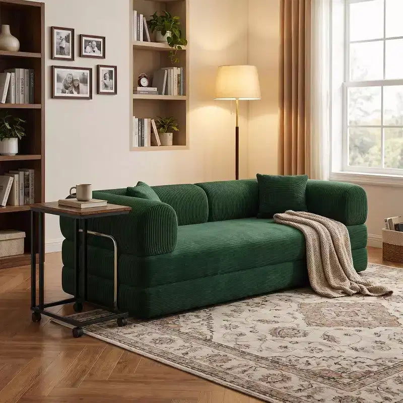 FurnitureR Rozkładana sofa z zestawem stolika bocznego na kółkach, Nowoczesna sofa sztruksowa z ruchomym stolikiem na przekąski do salonu, mieszkania, małej przestrzeni